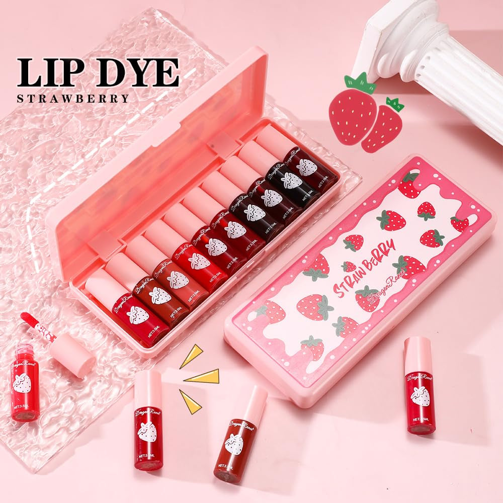 10 Colors Lip Tint, Color Tinted Lip Stain, Moisturizing Lip Balm Liquid Lipstick Makeup Hydrating Long Lasting Lip Gloss (Strawberry)