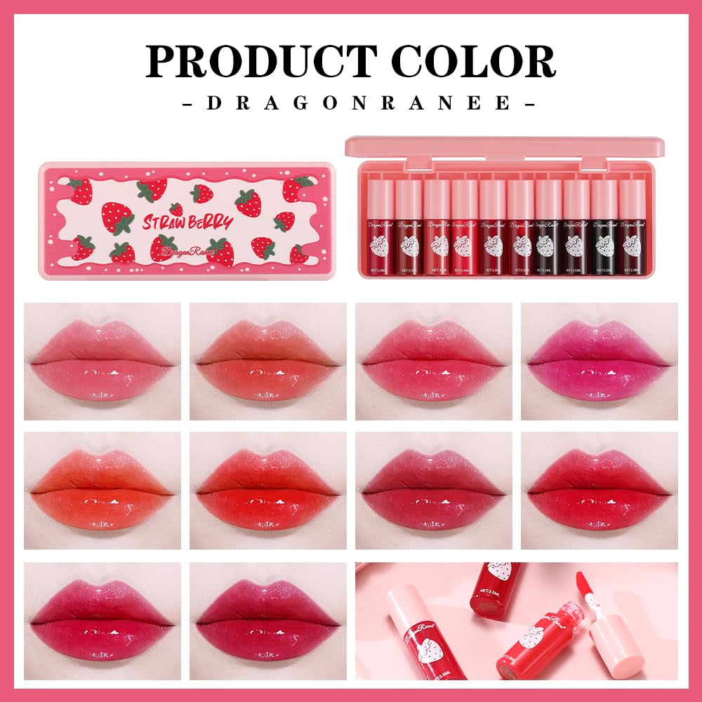 10 Colors Lip Tint, Color Tinted Lip Stain, Moisturizing Lip Balm Liquid Lipstick Makeup Hydrating Long Lasting Lip Gloss (Strawberry)
