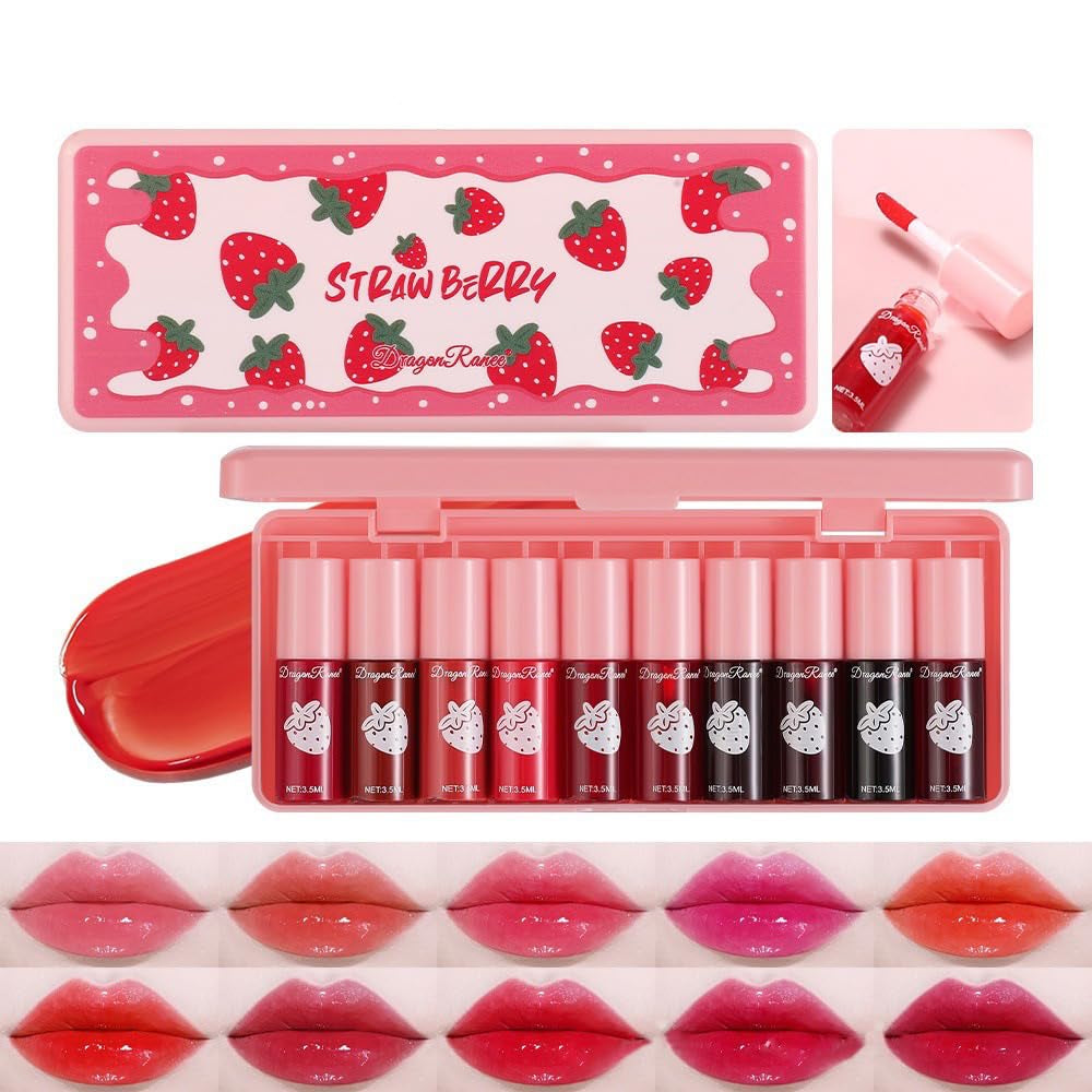 10 Colors Lip Tint, Color Tinted Lip Stain, Moisturizing Lip Balm Liquid Lipstick Makeup Hydrating Long Lasting Lip Gloss (Strawberry)