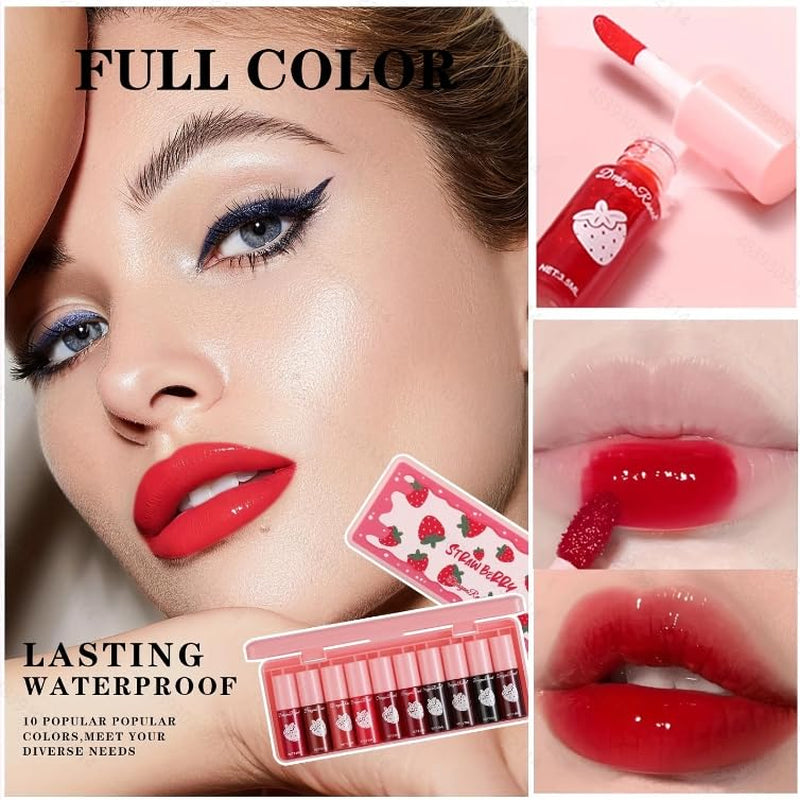 10 Colors Lip Tint, Color Tinted Lip Stain, Moisturizing Lip Balm Liquid Lipstick Makeup Hydrating Long Lasting Lip Gloss (Strawberry)