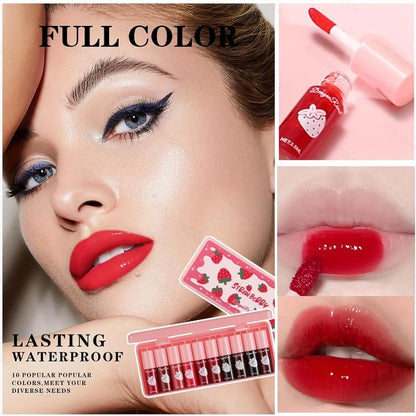 10 Colors Lip Tint, Color Tinted Lip Stain, Moisturizing Lip Balm Liquid Lipstick Makeup Hydrating Long Lasting Lip Gloss (Strawberry)
