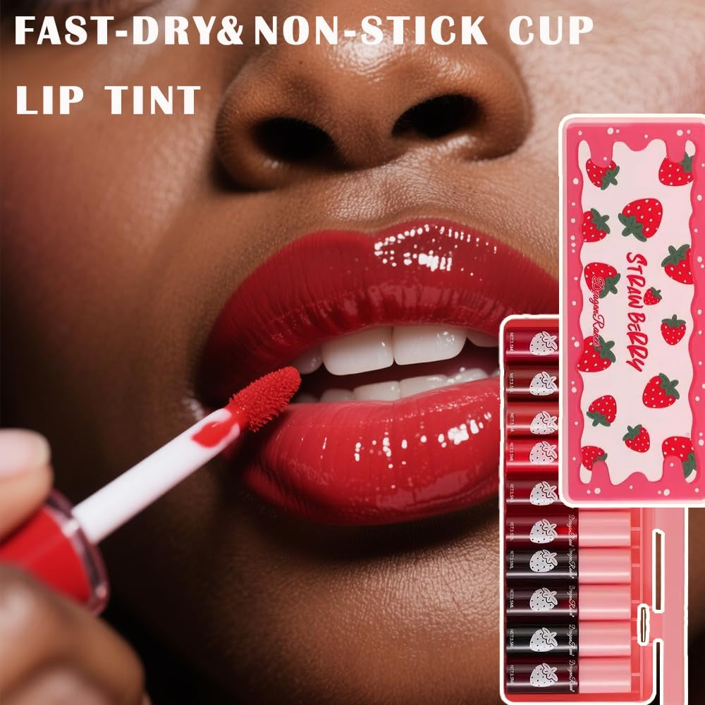 10 Colors Lip Tint, Color Tinted Lip Stain, Moisturizing Lip Balm Liquid Lipstick Makeup Hydrating Long Lasting Lip Gloss (Strawberry)